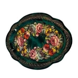 VTG Russian Zhostovo Floral Oval Metal Tray Green Gold Hand Painted Folk Art
